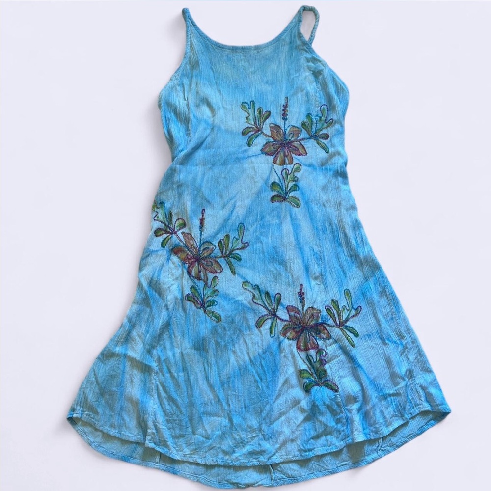 Vintage Hippie Tropical Batik Blue Dress w Braided Straps - Size Small